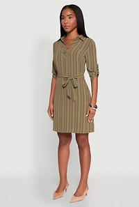Womens Airy Striped Tie Waist Mini Shirt Dress, Green,