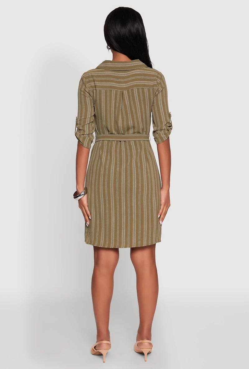 Womens Airy Striped Tie Waist Mini Shirt Dress, Green,