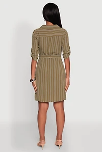 Womens Airy Striped Tie Waist Mini Shirt Dress, Green,