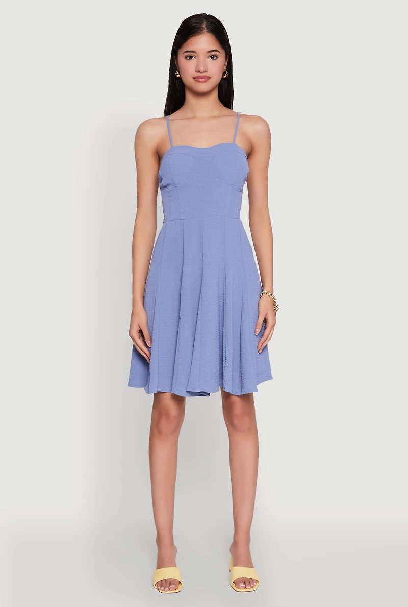 Womens Airy Bustier Pleated Skater Dress, Blue, Size M