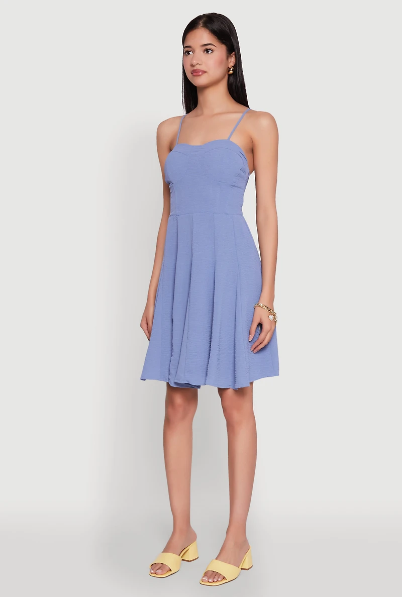 Womens Airy Bustier Pleated Skater Dress, Blue, Size M
