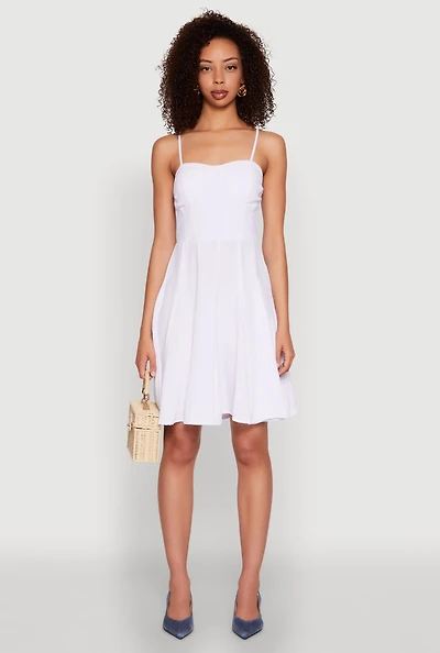 Womens Airy Bustier Pleated Skater Dress, White, Size S
