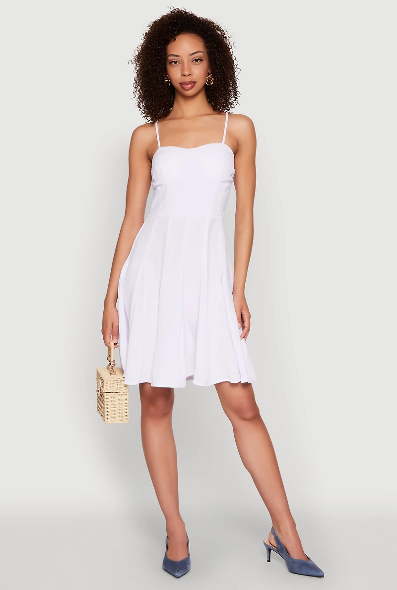 Womens Airy Bustier Pleated Skater Dress, White, Size M