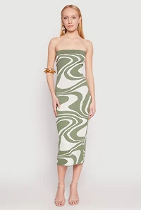 Womens Swirl Print Zip Back Tube Dress, Green,