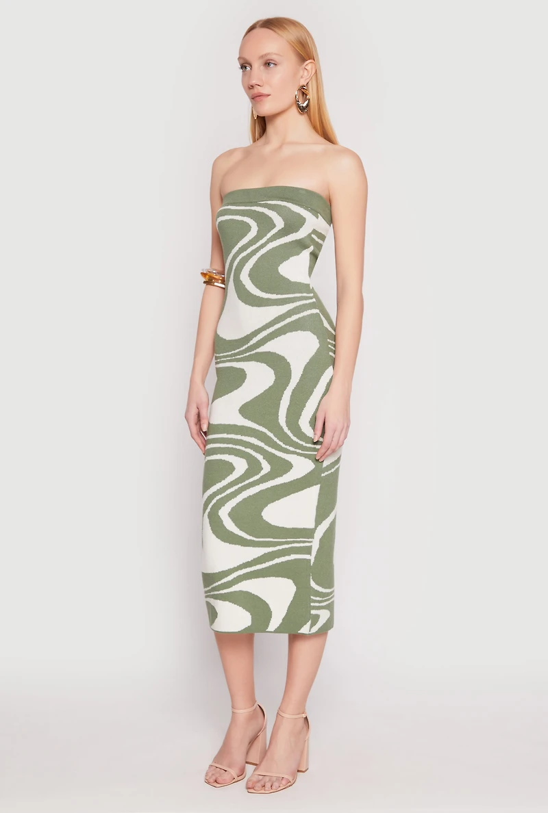 Womens Swirl Print Zip Back Tube Dress, Green,