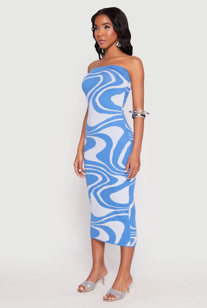 Womens Swirl Print Zip Back Tube Dress, Blue, Size L