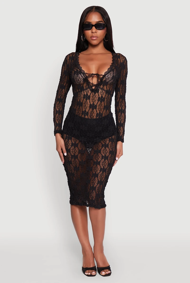 Womens Floral Lace Tie Front Plunge Midi Dress, Black,