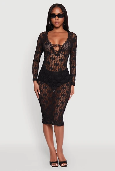 Womens Floral Lace Tie Front Plunge Midi Dress, Black,