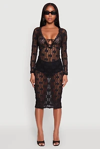 Womens Floral Lace Tie Front Plunge Midi Dress, Black, Size S