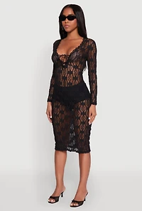 Womens Floral Lace Tie Front Plunge Midi Dress, Black,