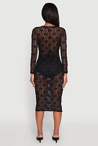 Womens Floral Lace Tie Front Plunge Midi Dress, Black, Size S