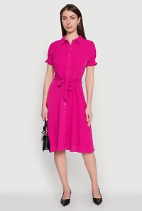Chic Smocked Puff Sleeve Shirt Dress with Tie Waist Belt