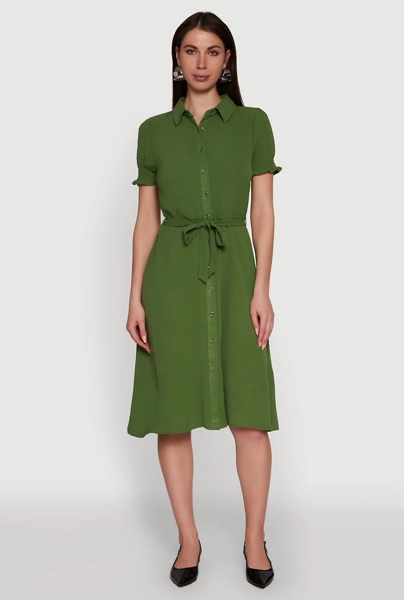 Chic Smocked Puff Sleeve Shirt Dress with Tie Waist Belt