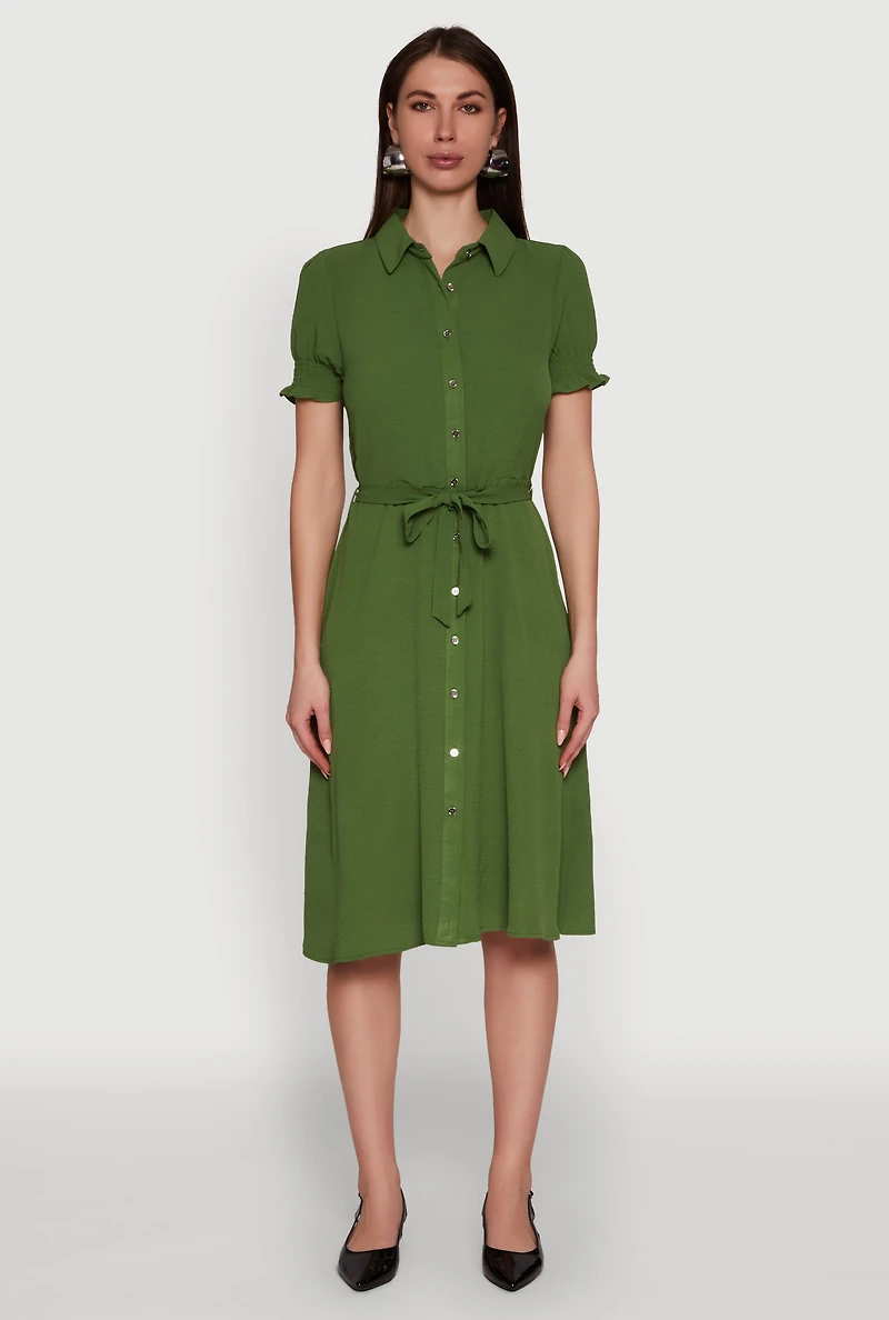 Womens Chic Smocked Puff Sleeve Shirt Dress with Tie Waist Belt, Green, Size M