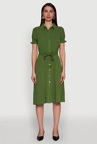 Womens Chic Smocked Puff Sleeve Shirt Dress with Tie Waist Belt, Green, Size M