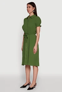 Womens Chic Smocked Puff Sleeve Shirt Dress with Tie Waist Belt, S