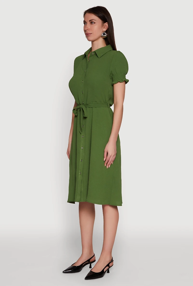 Womens Chic Smocked Puff Sleeve Shirt Dress with Tie Waist Belt, Green, Size M