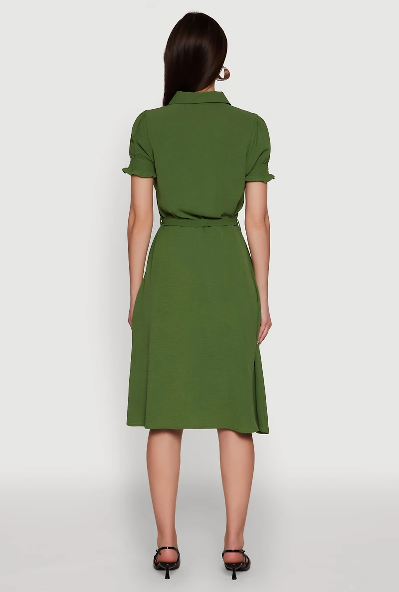 Womens Chic Smocked Puff Sleeve Shirt Dress with Tie Waist Belt, Green, Size M