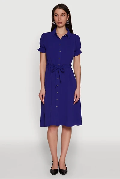 Womens Chic Smocked Puff Sleeve Shirt Dress with Tie Waist Belt,
