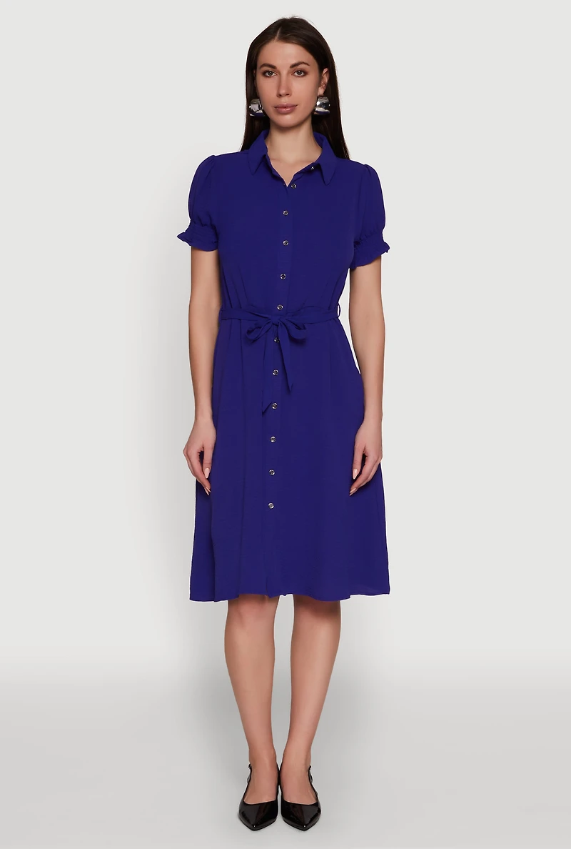 Chic Smocked Puff Sleeve Shirt Dress with Tie Waist Belt