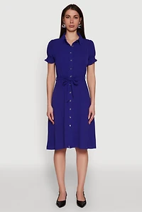 Womens Chic Smocked Puff Sleeve Shirt Dress with Tie Waist Belt, Blue,
