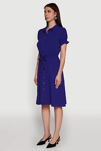 Womens Chic Smocked Puff Sleeve Shirt Dress with Tie Waist Belt, Blue,