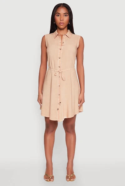 Womens Tie Waist Belted Sleeveless Shirt Dress, Beige, Size L