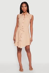 Womens Tie Waist Belted Sleeveless Shirt Dress, Beige, Size L