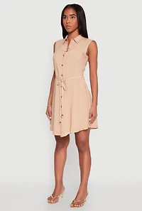 Womens Tie Waist Belted Sleeveless Shirt Dress, Beige, Size M