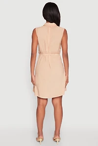 Womens Tie Waist Belted Sleeveless Shirt Dress, Beige, Size L