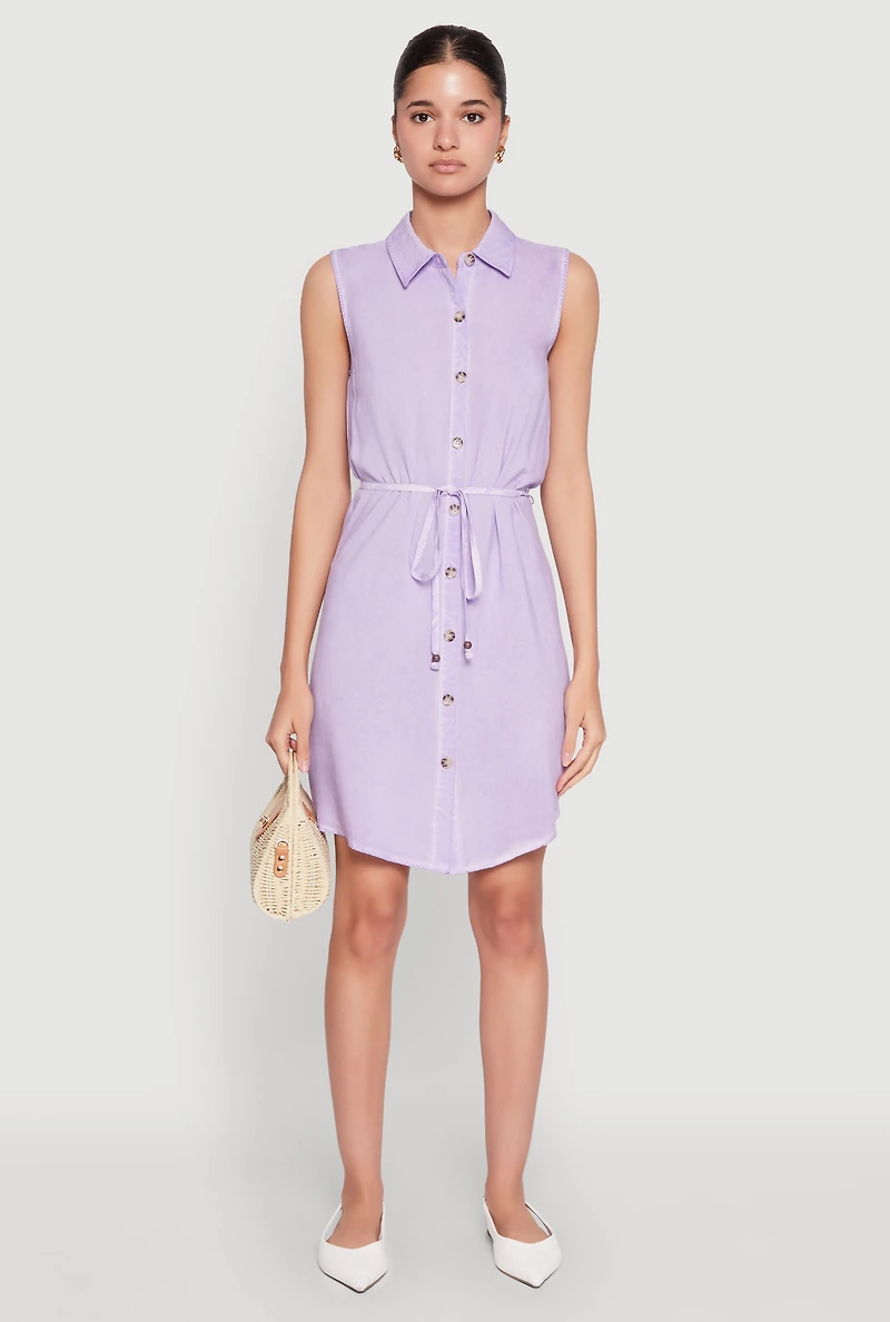 Tie Waist Belted Sleeveless Shirt Dress