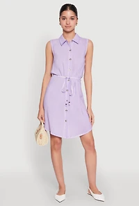 Womens Tie Waist Belted Sleeveless Shirt Dress, Purple, Size L