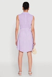 Womens Tie Waist Belted Sleeveless Shirt Dress, Purple, Size L