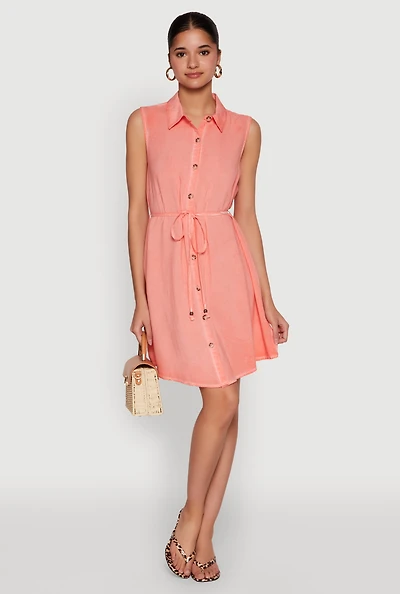 Womens Tie Waist Belted Sleeveless Shirt Dress, Orange, Size M