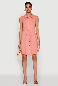 Womens Tie Waist Belted Sleeveless Shirt Dress, Orange, Size M