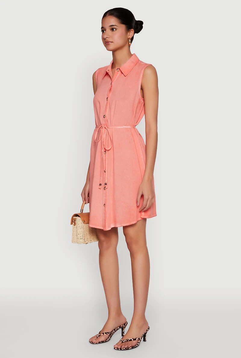 Womens Tie Waist Belted Sleeveless Shirt Dress, Orange, Size M