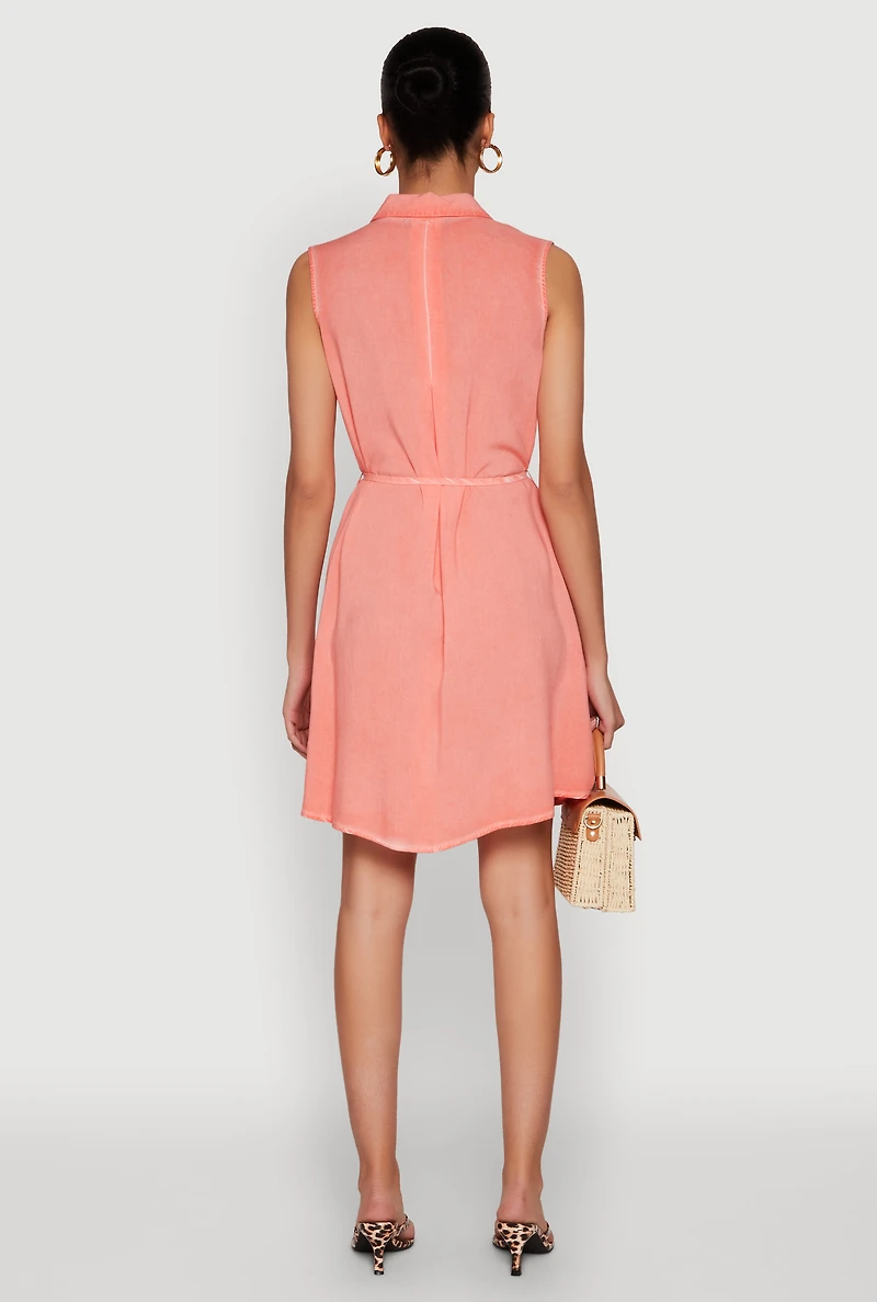 Womens Tie Waist Belted Sleeveless Shirt Dress, Orange, Size M