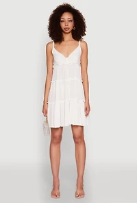 Womens Gauze Knit Cami Tiered Dress, White,