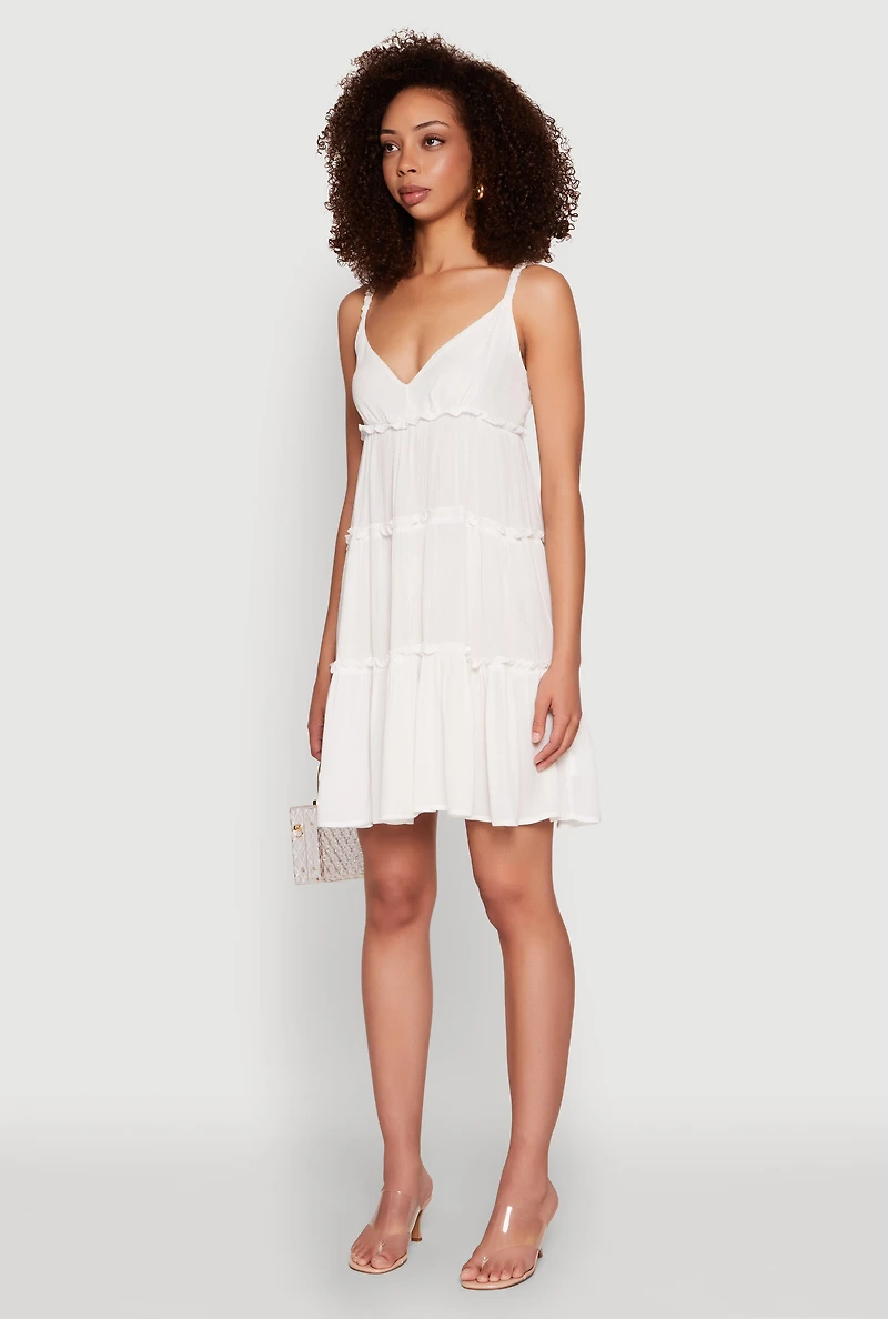 Womens Gauze Knit Cami Tiered Dress, White,