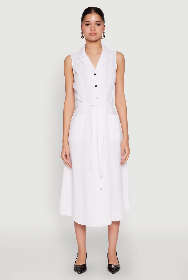 Womens Lapel Collar Tie Waist Belted Midi Dress, White, Size M