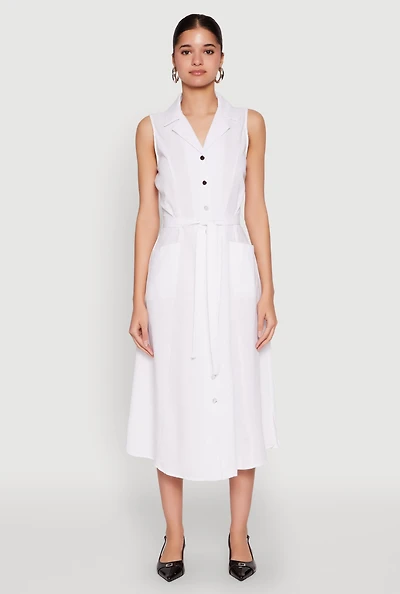 Womens Lapel Collar Tie Waist Belted Midi Dress, White, Size M