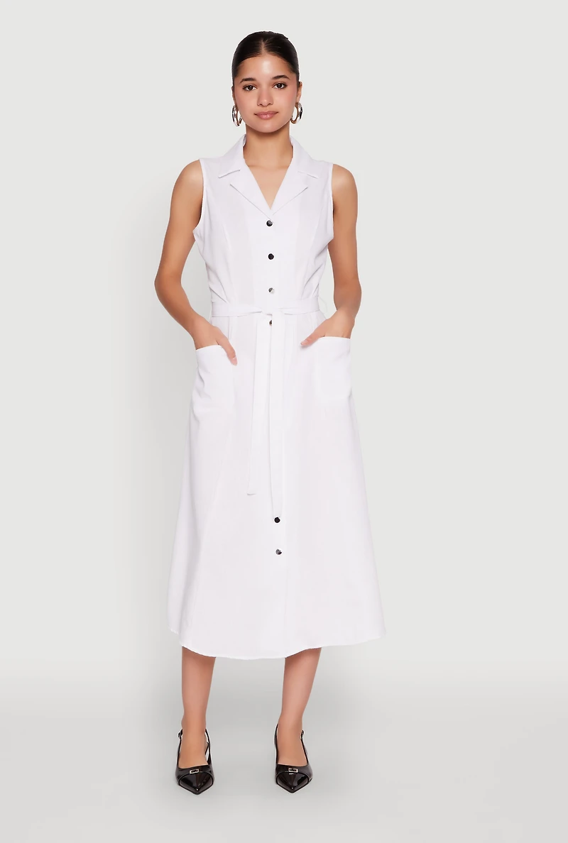 Womens Lapel Collar Tie Waist Belted Midi Dress, White, Size L