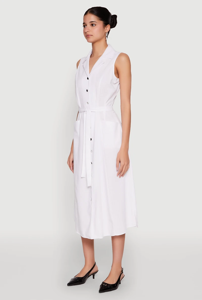 Womens Lapel Collar Tie Waist Belted Midi Dress, White, Size M