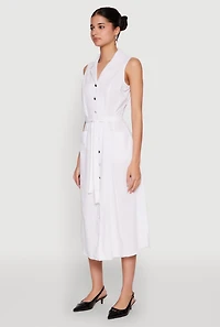 Womens Lapel Collar Tie Waist Belted Midi Dress, White, Size M