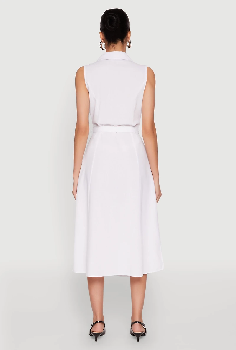Womens Lapel Collar Tie Waist Belted Midi Dress, White, Size M