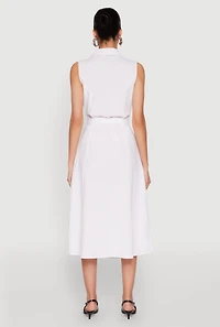 Womens Lapel Collar Tie Waist Belted Midi Dress, White, Size L
