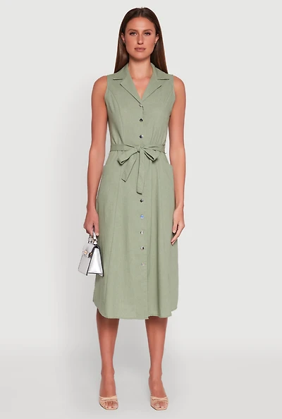 Womens Lapel Collar Tie Waist Belted Midi Dress, Green, Size M