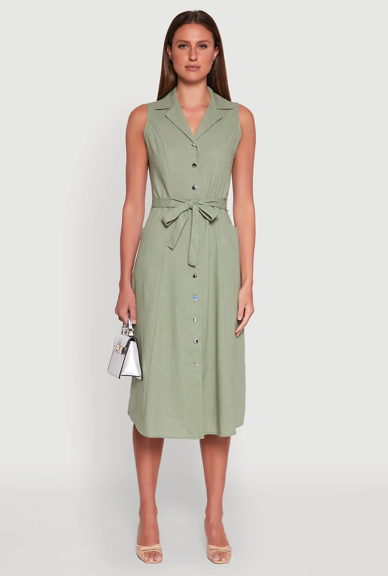 Womens Lapel Collar Tie Waist Belted Midi Dress,