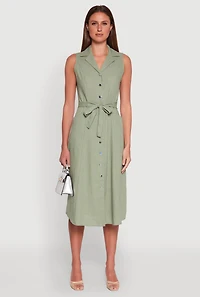 Womens Lapel Collar Tie Waist Belted Midi Dress,
