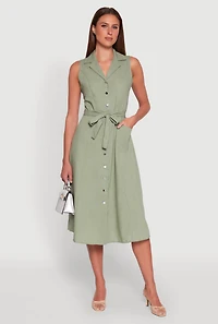 Womens Lapel Collar Tie Waist Belted Midi Dress,
